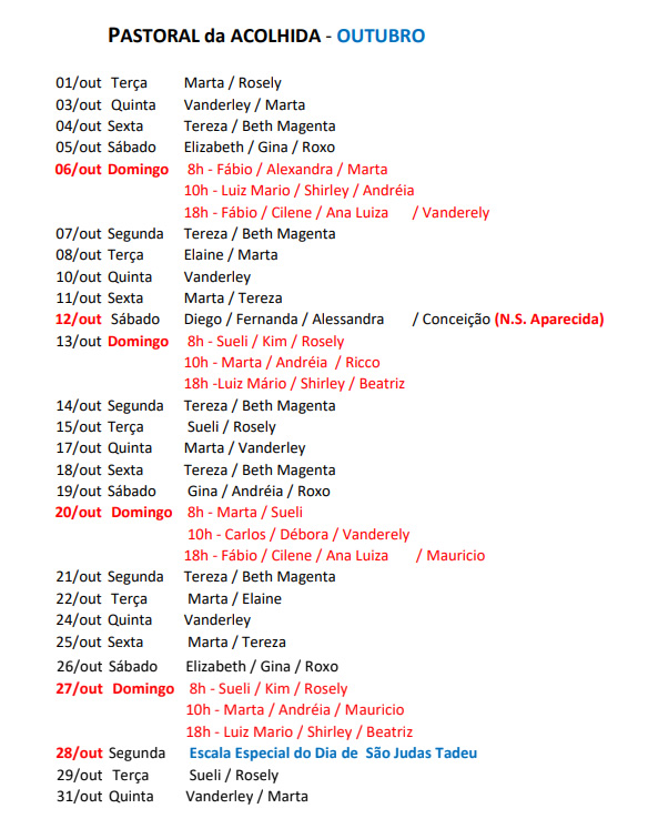 ESCALA ACOLHIDA OUTUBRO 2019